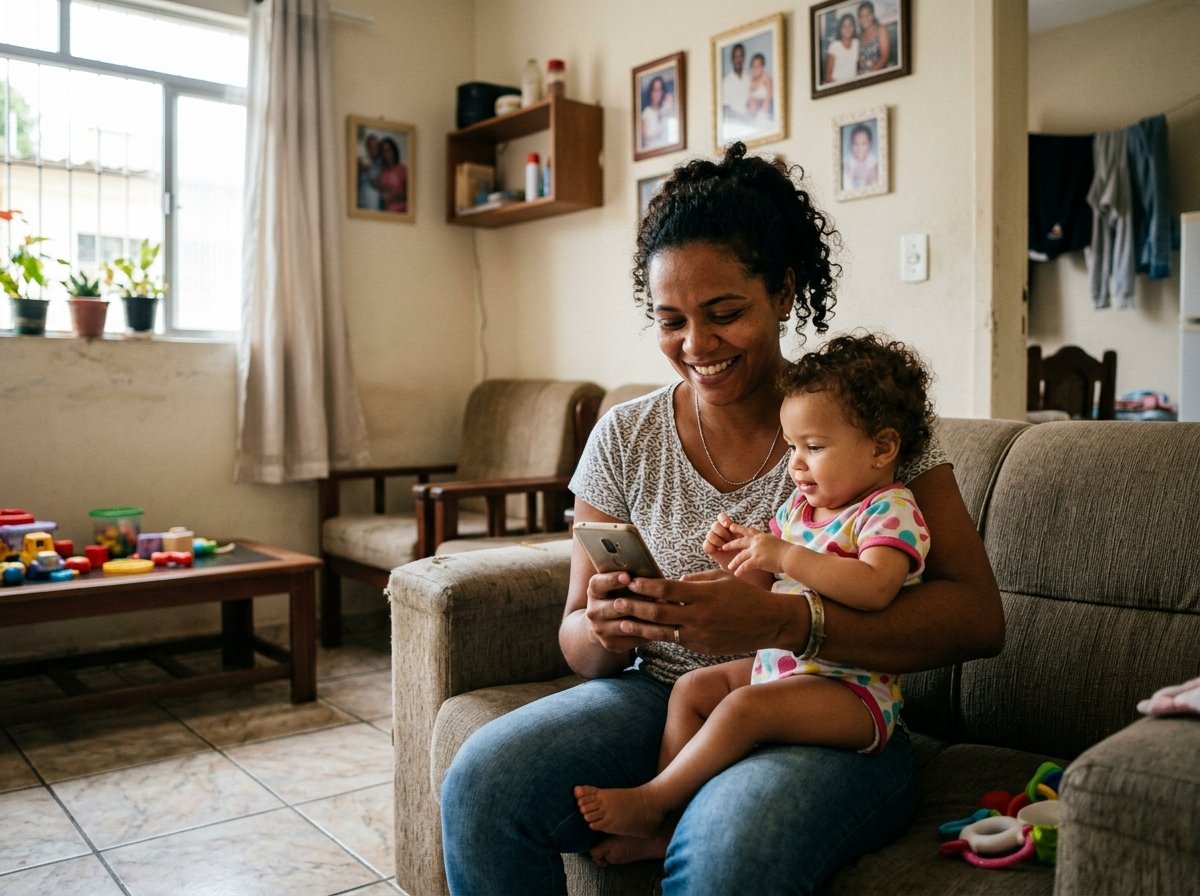 Mãe humilde recebendo a notícia da liberação do benefício no celular